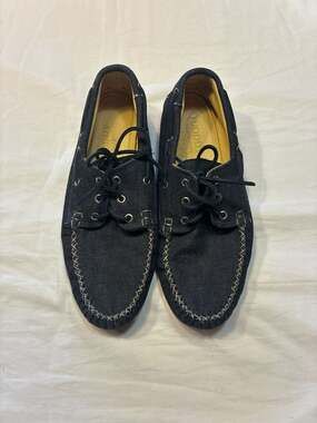 Quoddy Men's Blucher Boat Shoes in Dark Grey Denim with Brick Red Sole